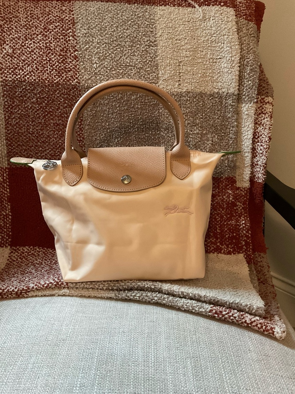 Longchamp small tote in blush pink with tan trim